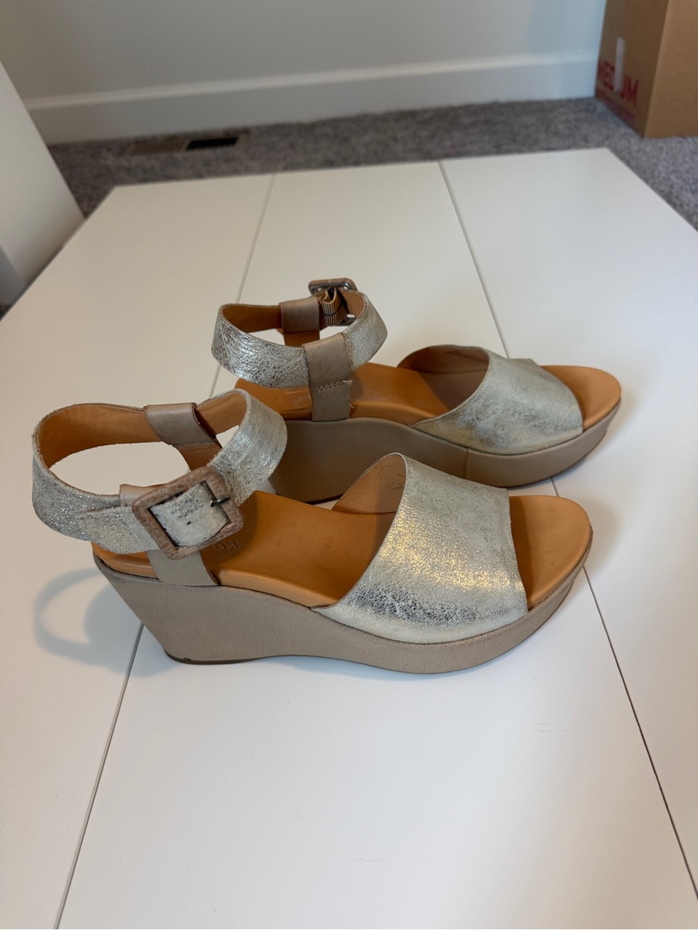 Kork-Ease Metallic Silver Wedge Sandals with Ankle Strap